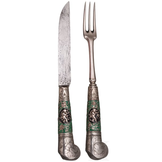A Saxon set of silver travel cutlery with enamelled handles, dated 1683