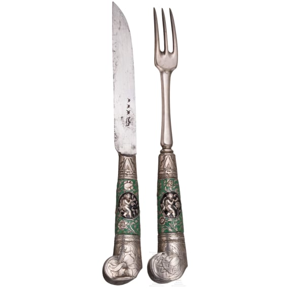 A Saxon set of silver travel cutlery with enamelled handles, dated 1683
