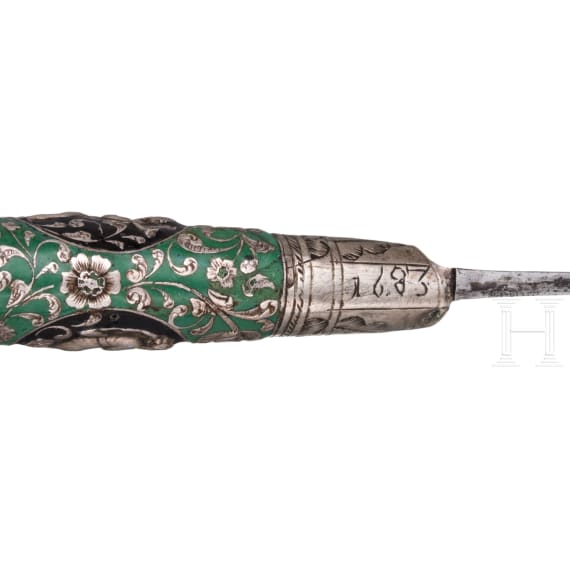 A Saxon set of silver travel cutlery with enamelled handles, dated 1683