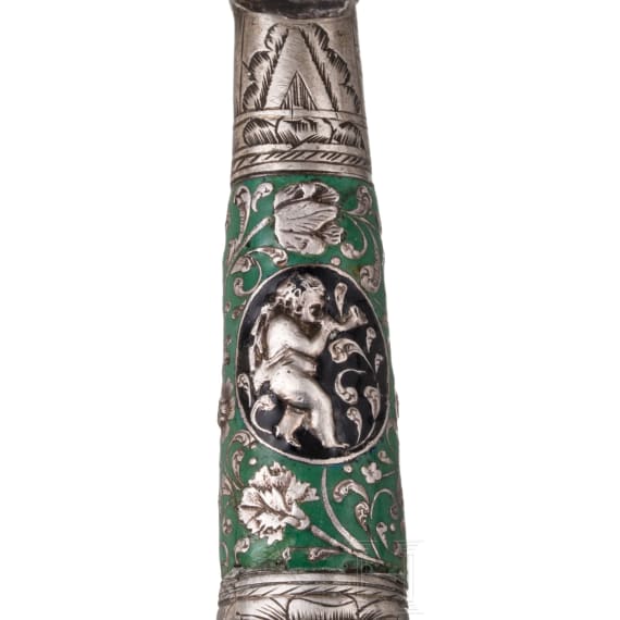 A Saxon set of silver travel cutlery with enamelled handles, dated 1683