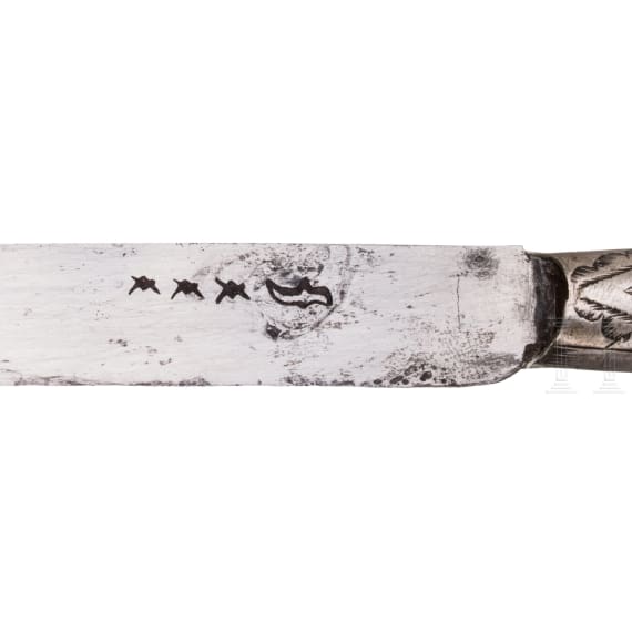 A Saxon set of silver travel cutlery with enamelled handles, dated 1683