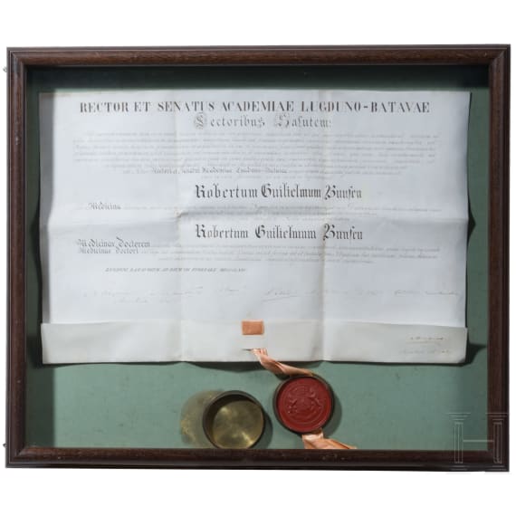 Robert Wilhelm Bunsen - Gro&szlig;e Ehrendoktorurkunde der Universit&auml;t Leiden, datiert 1875