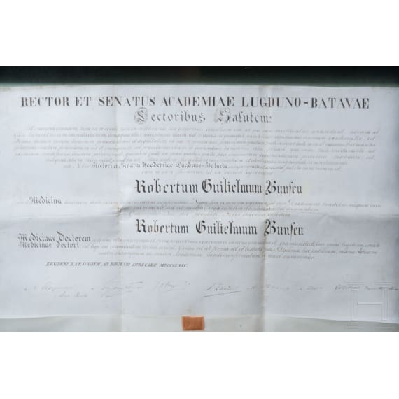 Robert Wilhelm Bunsen - Gro&szlig;e Ehrendoktorurkunde der Universit&auml;t Leiden, datiert 1875