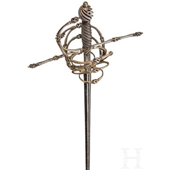 A fine German rapier with gold and silver damascened guard, circa 1600