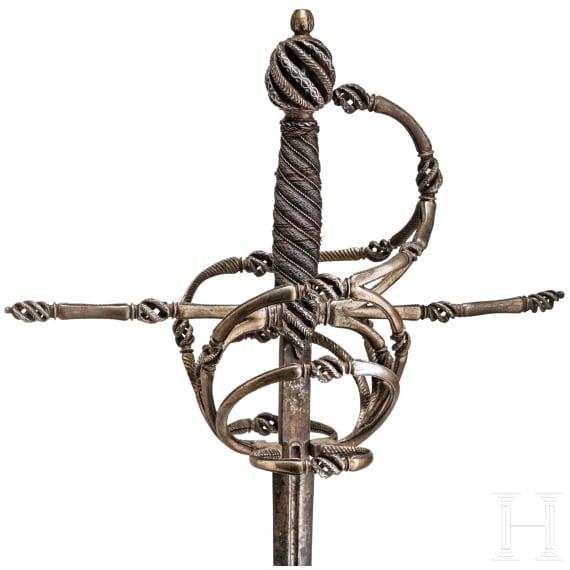 A fine German rapier with gold and silver damascened guard, circa 1600