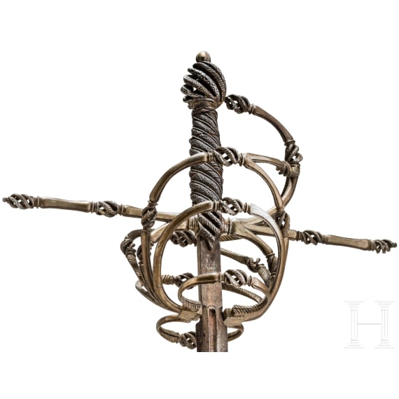 A fine German rapier with gold and silver damascened guard, circa 1600