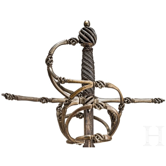 A fine German rapier with gold and silver damascened guard, circa 1600
