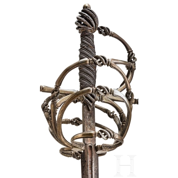 A fine German rapier with gold and silver damascened guard, circa 1600