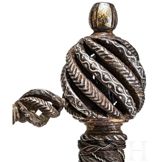 A fine German rapier with gold and silver damascened guard, circa 1600