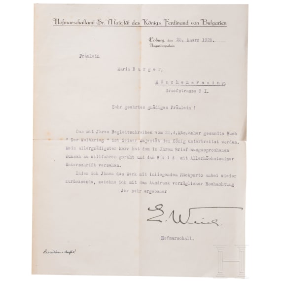 Tsar Ferdinand I of Bulgaria &ndash; autograph and letter of referral (1926) and a Lettow-V. autograph (1925)