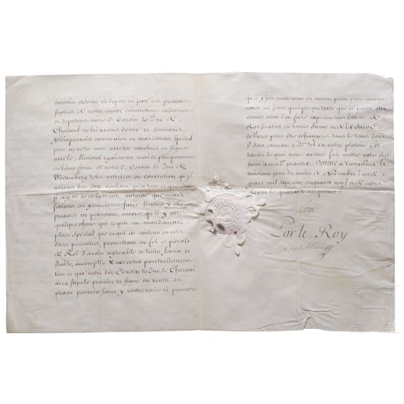 K&ouml;nig Louis XV. (1710 - 1774) - eigenh&auml;ndig signiertes Dekret &uuml;ber die Aushebung eines Corps durch Herzog Carl Eugen von W&uuml;rttemberg, datiert 3. November 1759