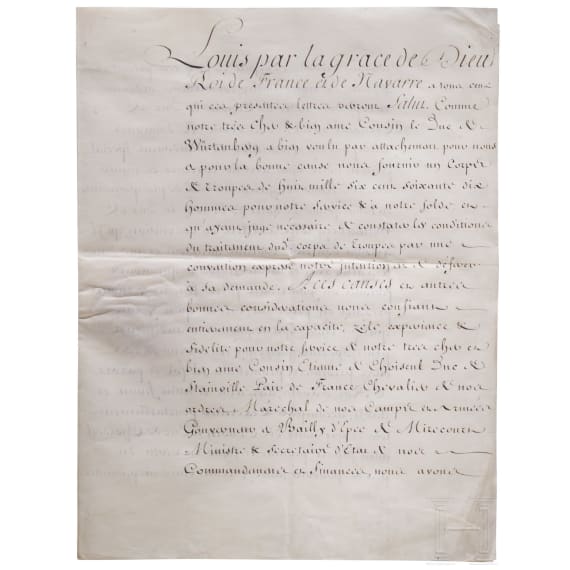 K&ouml;nig Louis XV. (1710 - 1774) - eigenh&auml;ndig signiertes Dekret &uuml;ber die Aushebung eines Corps durch Herzog Carl Eugen von W&uuml;rttemberg, datiert 3. November 1759
