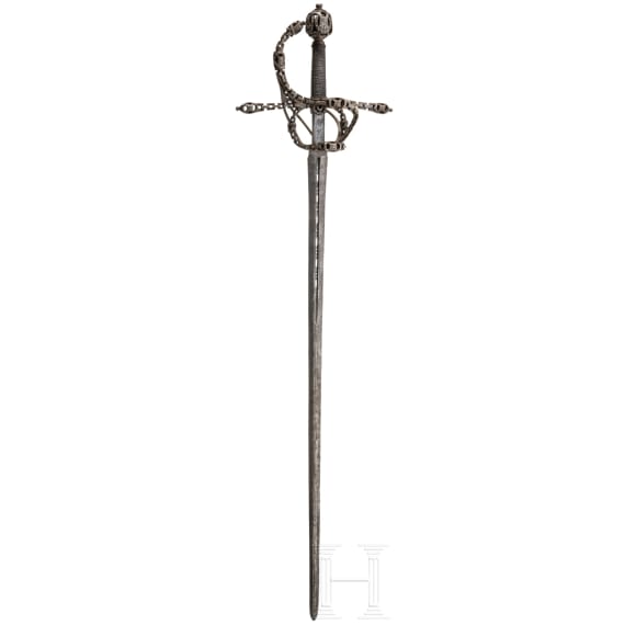 A ceremonial rapier with finely chased chain hilt in the German style of 1575 by Anton Konrad of Dresden, circa 1920/25