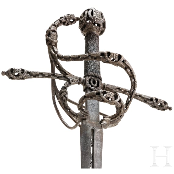 A ceremonial rapier with finely chased chain hilt in the German style of 1575 by Anton Konrad of Dresden, circa 1920/25