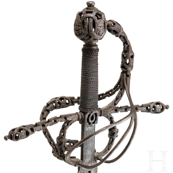 A ceremonial rapier with finely chased chain hilt in the German style of 1575 by Anton Konrad of Dresden, circa 1920/25