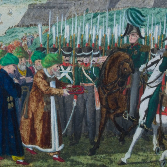 Kolorierter Stich mit Osmanen und Russen vor einer Festung, 1. H&auml;lfte 19. Jhdt.
