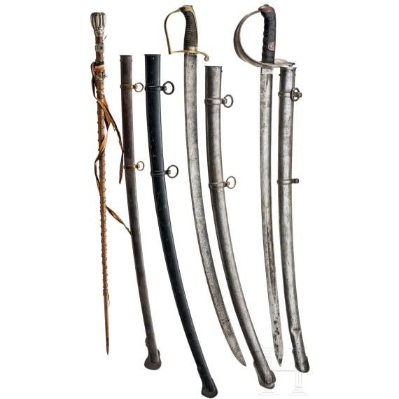 A small collection of edged weapons and scabbards