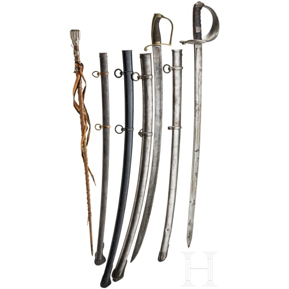 A small collection of edged weapons and scabbards