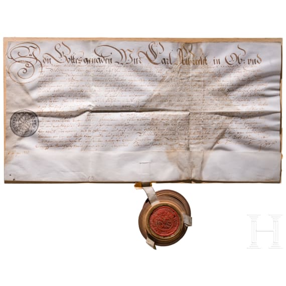 Elector Karl (Albrecht) I of Bavaria (1698-1745) - a signed letter of enfeoffment for Johann Georg Schab, 1727