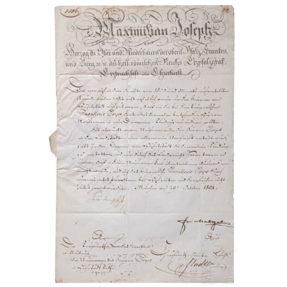 Elector Max Joseph of Bavaria - a signed document concerning the uniforming of the civic cavalry corps in H&ouml;chst&auml;dt, 1804