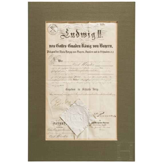 King Ludwig II of Bavaria - a personally signed patent as battalion quartermaster for Carl Winter, dated August 29, 1870
