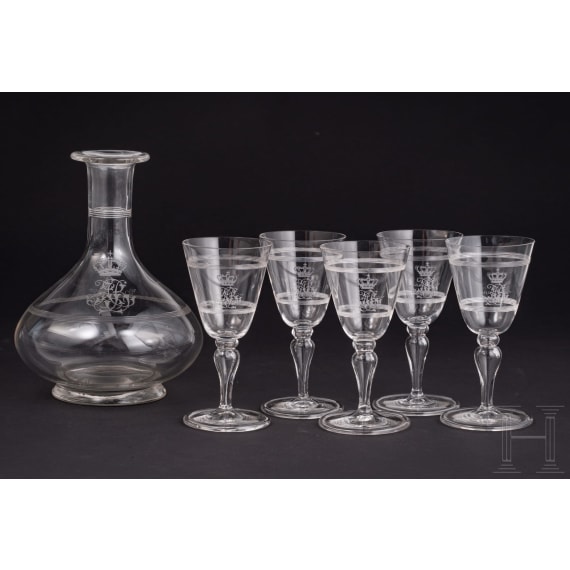 Prince and Princess Alfons of Bavaria - six sherry glasses and a sherry decanter