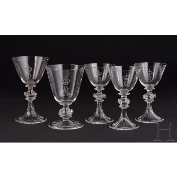 Prince Alfons of Bavaria (1862 - 1933) - a red wine, a white wine and three sherry glasses