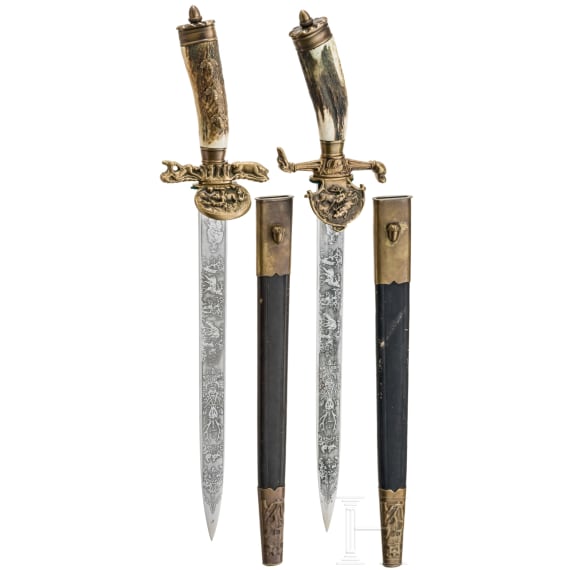 Two hunting hangers with etched blades, Weyersberg Solingen, second half of the 20th century
