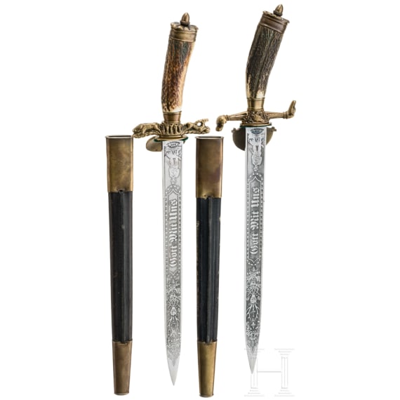Two hunting hangers with etched blades, Weyersberg Solingen, second half of the 20th century