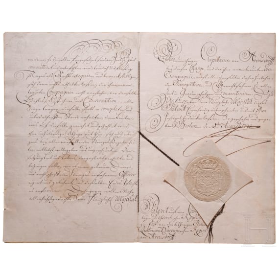Friedrich II of Prussia &ndash; a hand-signed patent to Capitain for Carl Friedrich von Arensdorff, dated 1743