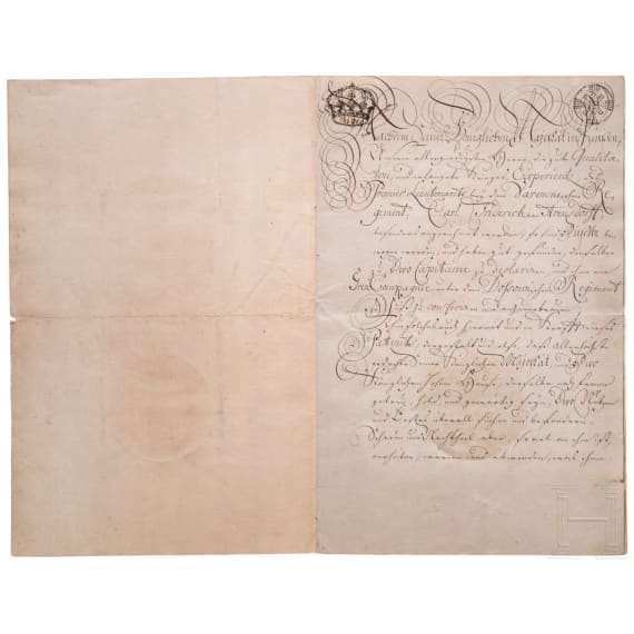 Friedrich II of Prussia &ndash; a hand-signed patent to Capitain for Carl Friedrich von Arensdorff, dated 1743