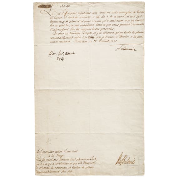 King Frederick II of Prussia - a signed letter to the Prussian envoy in The Hague Abraham Georg Luiscius, dated Breslau, 18 July 1741