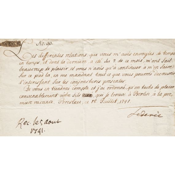 King Frederick II of Prussia - a signed letter to the Prussian envoy in The Hague Abraham Georg Luiscius, dated Breslau, 18 July 1741