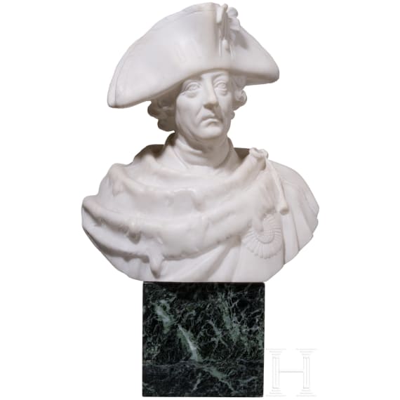Frederick the Great - a white marble bust on a dark marble base