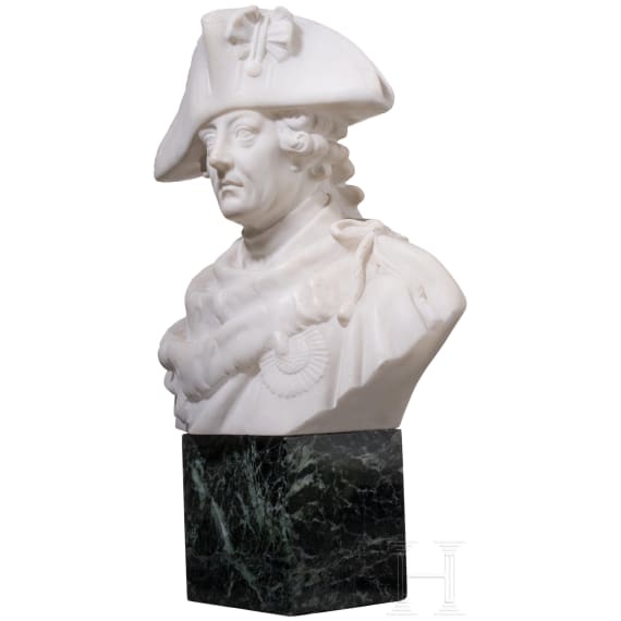 Frederick the Great - a white marble bust on a dark marble base
