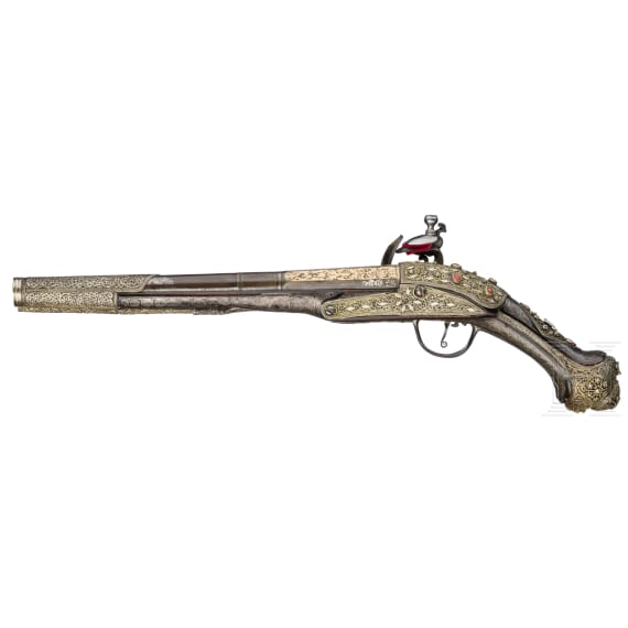 A fine pair of Ottoman silver-mounted flintlock pistols, dated 1849