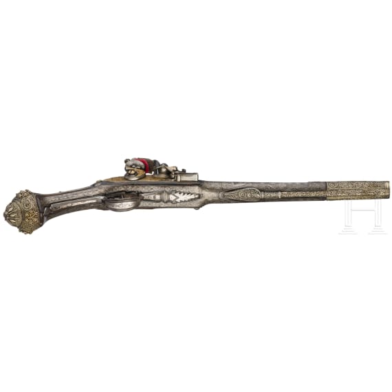 A fine pair of Ottoman silver-mounted flintlock pistols, dated 1849
