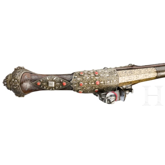 A fine pair of Ottoman silver-mounted flintlock pistols, dated 1849