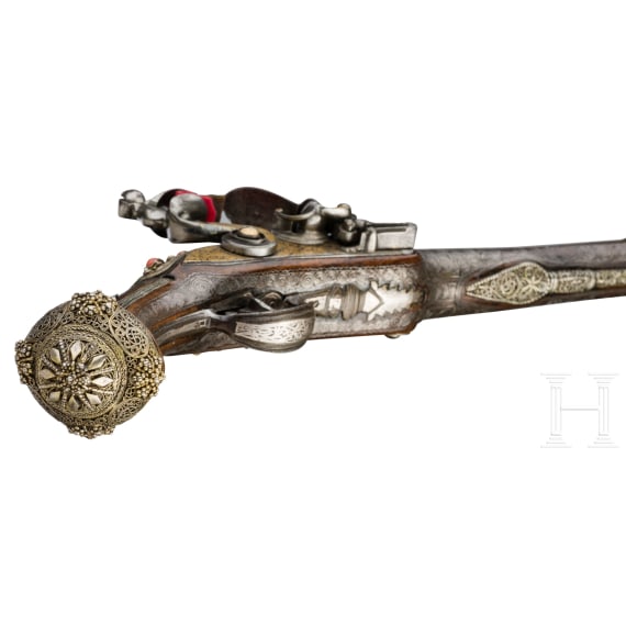 A fine pair of Ottoman silver-mounted flintlock pistols, dated 1849