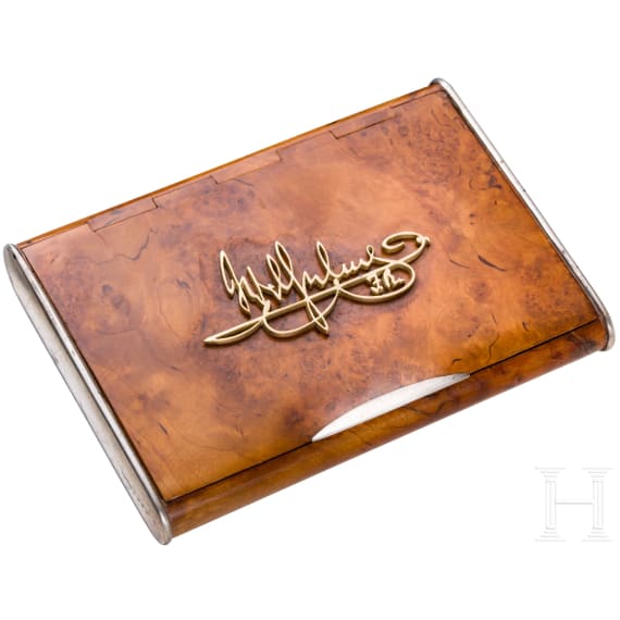 Kaiser Wilhelm II &ndash; a gold and silver-mounted presentation cigarette case of bird's eye maple