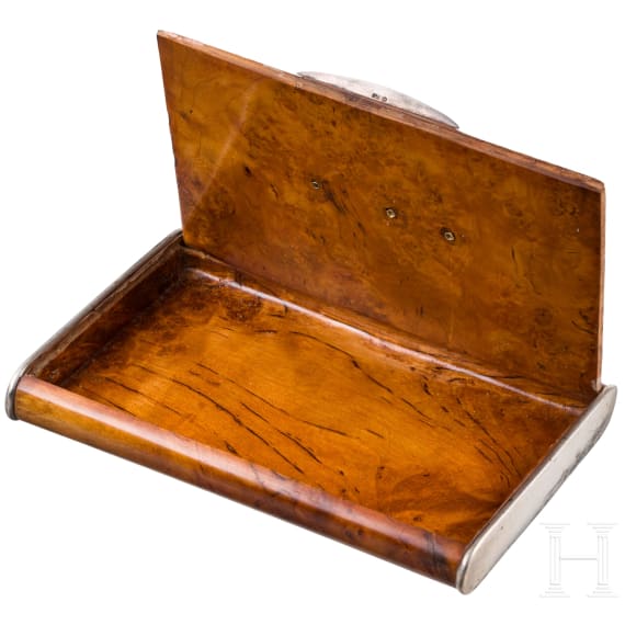 Kaiser Wilhelm II &ndash; a gold and silver-mounted presentation cigarette case of bird's eye maple