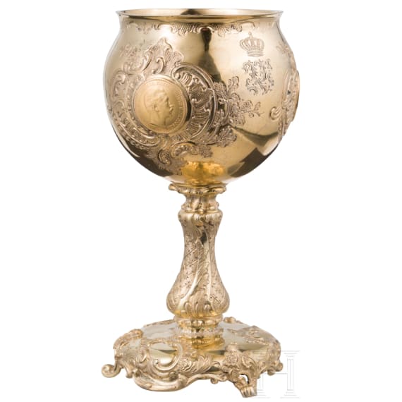 Kaiser Wilhelm II, a small gilt silver chalice set with gold coins commemorating the Year of the Three Emperors, Wagner & Sohn in Berlin, 1888
