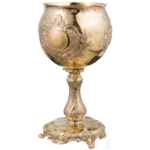 Kaiser Wilhelm II, a small gilt silver chalice set with gold coins commemorating the Year of the Three Emperors, Wagner & Sohn in Berlin, 1888