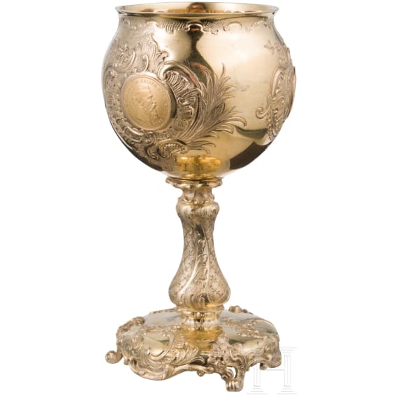 Kaiser Wilhelm II, a small gilt silver chalice set with gold coins commemorating the Year of the Three Emperors, Wagner & Sohn in Berlin, 1888