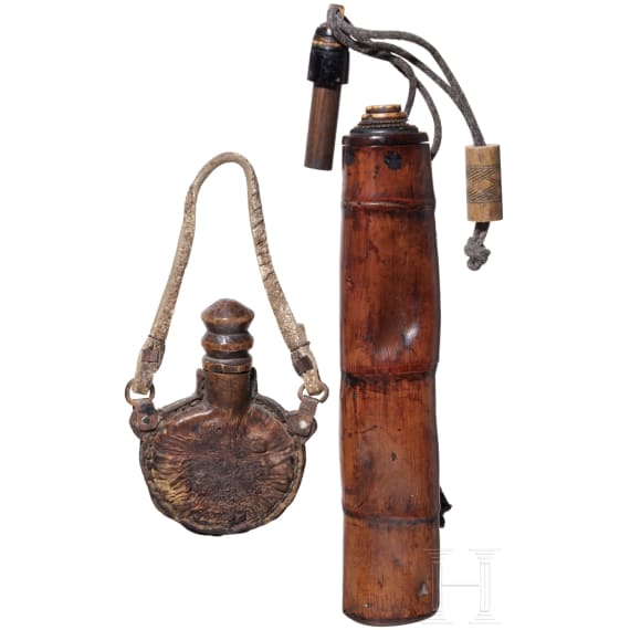 A Japanese and an Afghan powder flask, 19th century