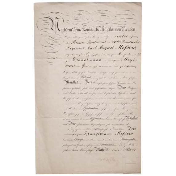 Promotion certificate from 1851 with the signature of King Frederick William IV