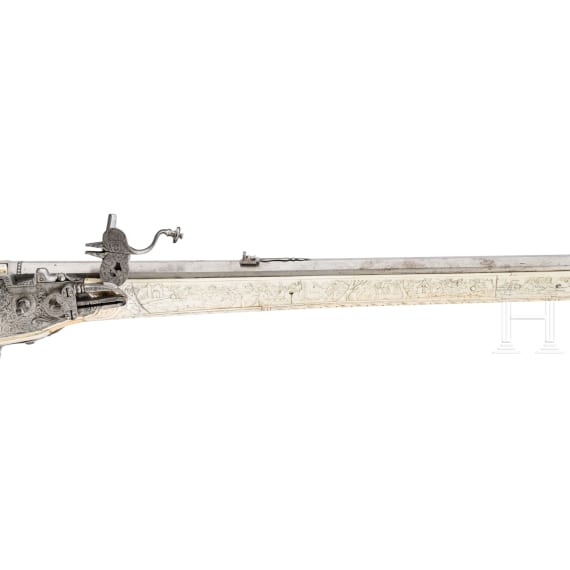 A wheellock hunting rifle with richly engraved, presumably later ivory-veneered stock, Wilhelm Neubauer of Prague, circa 1690/95