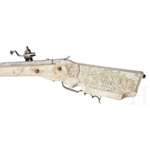 A wheellock hunting rifle with richly engraved, presumably later ivory-veneered stock, Wilhelm Neubauer of Prague, circa 1690/95