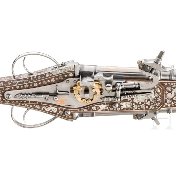 A long, double-barreled wheellock pistol, a modern collector's reproduction in the style of 1610