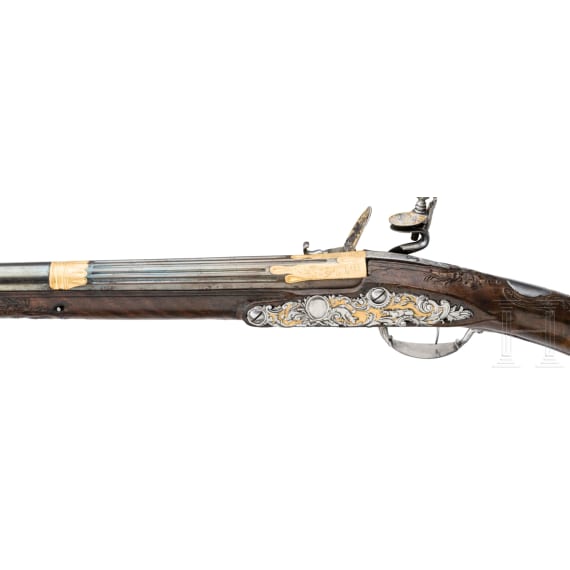 A distinguished French flintlock shotgun by Jean Baptiste Laroche, Arquebusier du Roi Louis XV, Paris, ca. 1750
